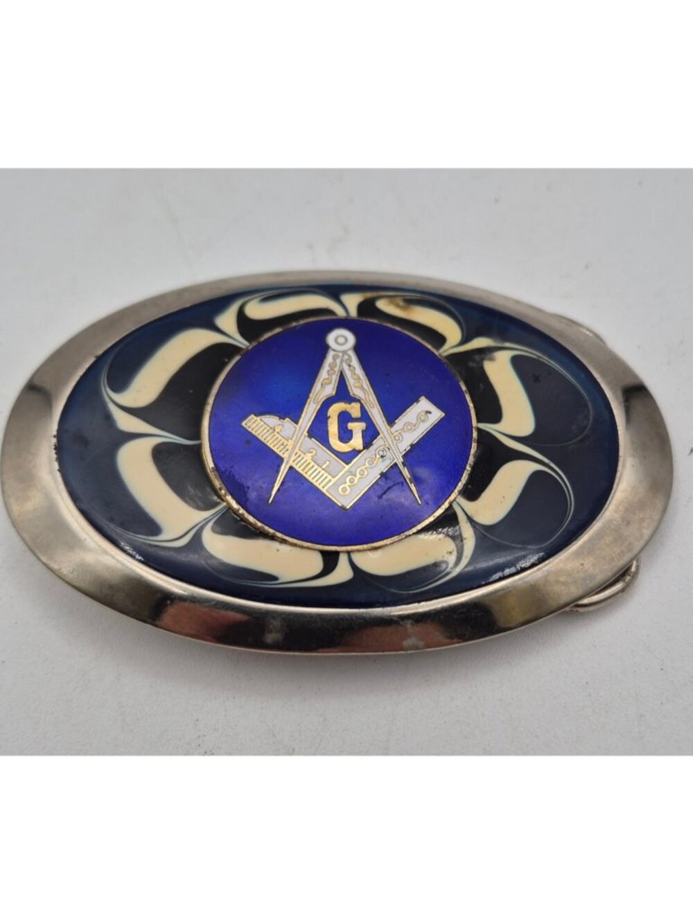 VTG Masonic Belt Buckle Featuring a Prominent Blue and Cream Enamel Design